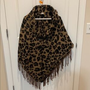 Leopard Print Poncho with Fringe